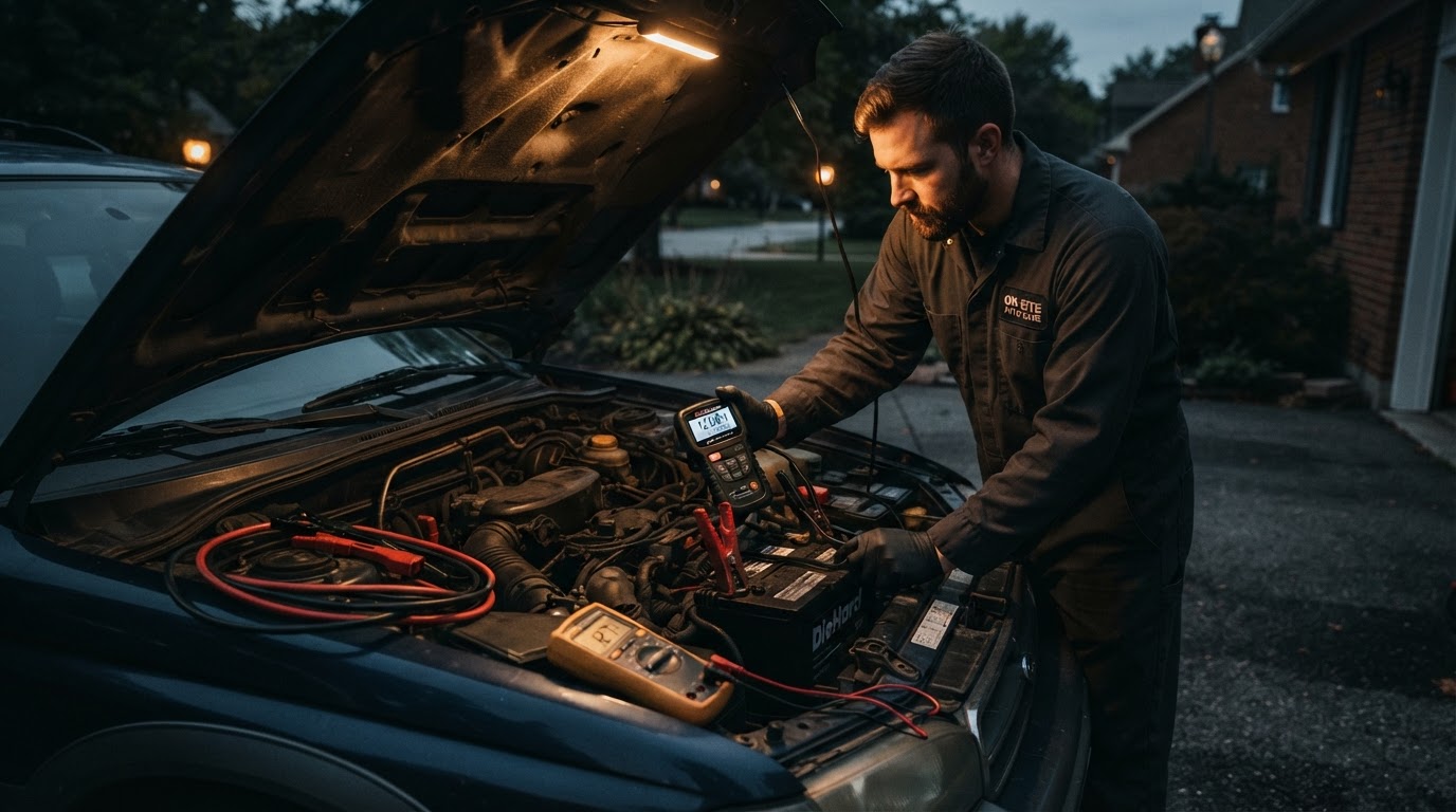 Mobile mechanic load-testing a car battery under the hood in Bloomington, Indiana