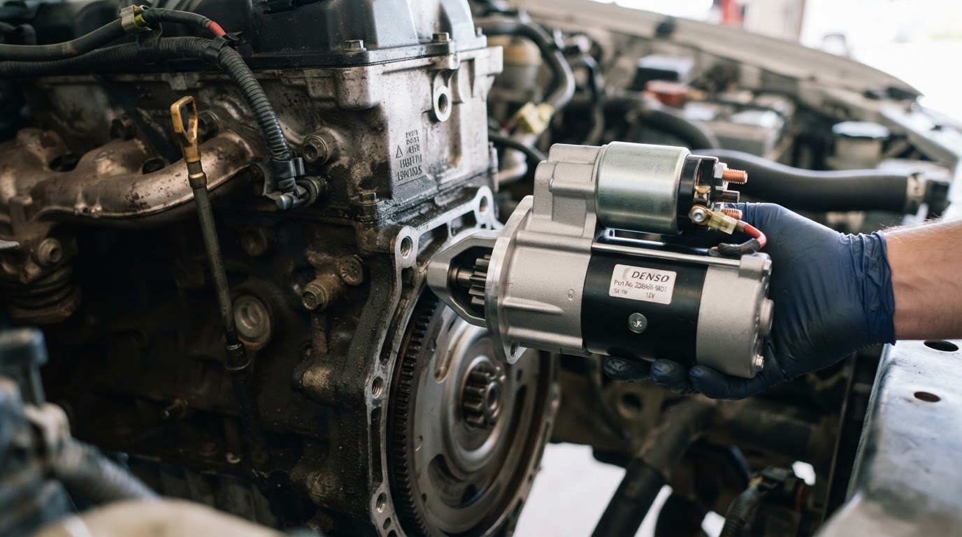 Close-up of a new starter motor with solenoid and drive gear visible before installation