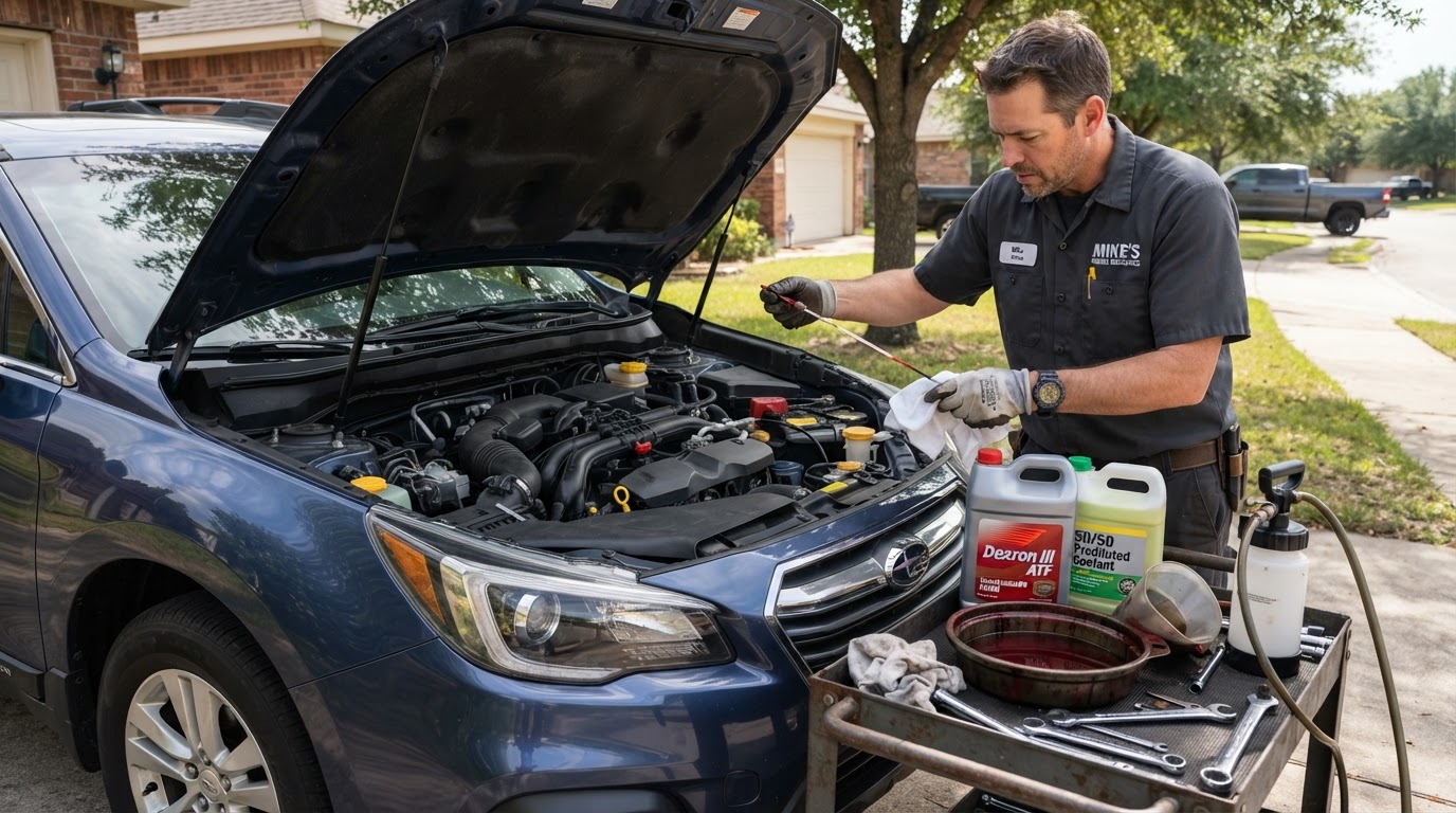 Mobile mechanic performing fluid maintenance, checking transmission and coolant fluid levels under the hood in Bloomington, Indiana