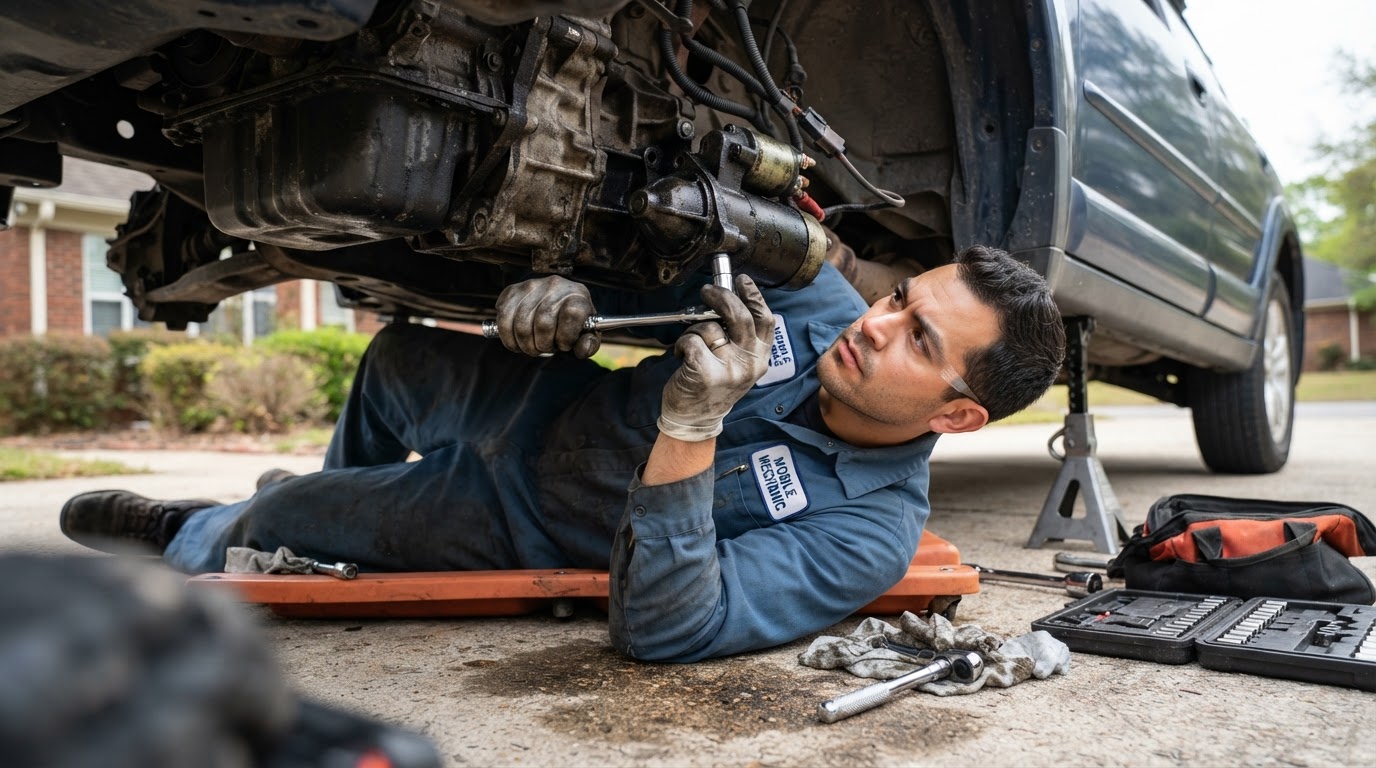 Mechanic bolting a replacement starter to an engine bellhousing under a vehicle