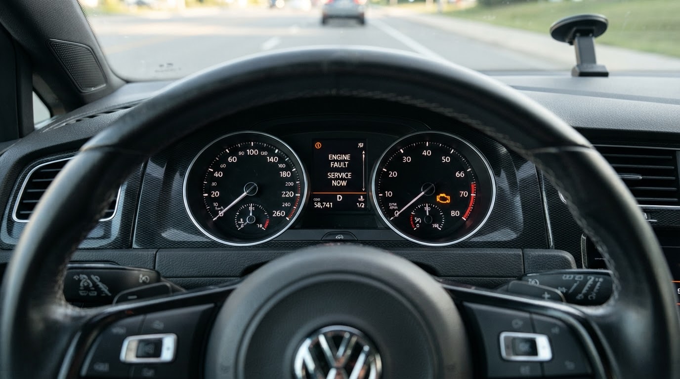 Close-up of a car dashboard with the orange check engine warning light illuminated