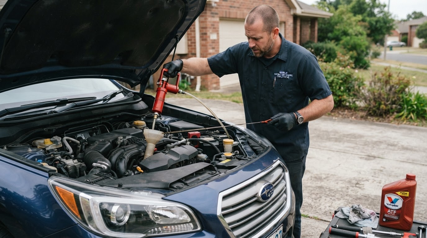 Mechanic filling a vehicle with fresh transmission fluid using a funnel and checking the dipstick