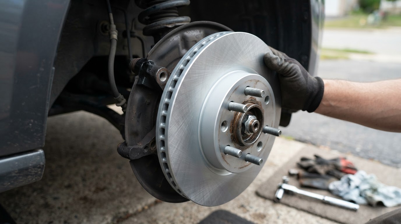 New brake rotor being installed onto a wheel hub with lug bolts visible