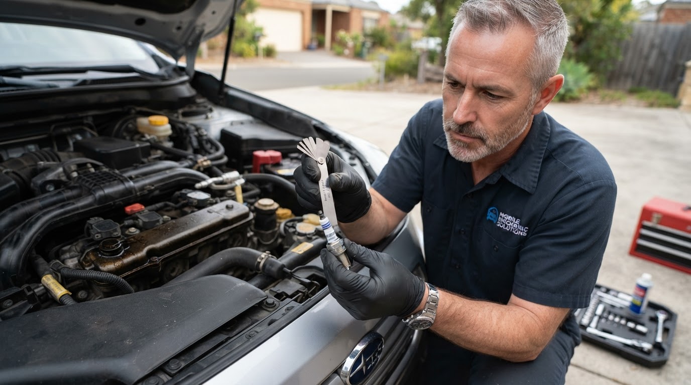 Mechanic checking spark plug gap with a feeler gauge before installation
