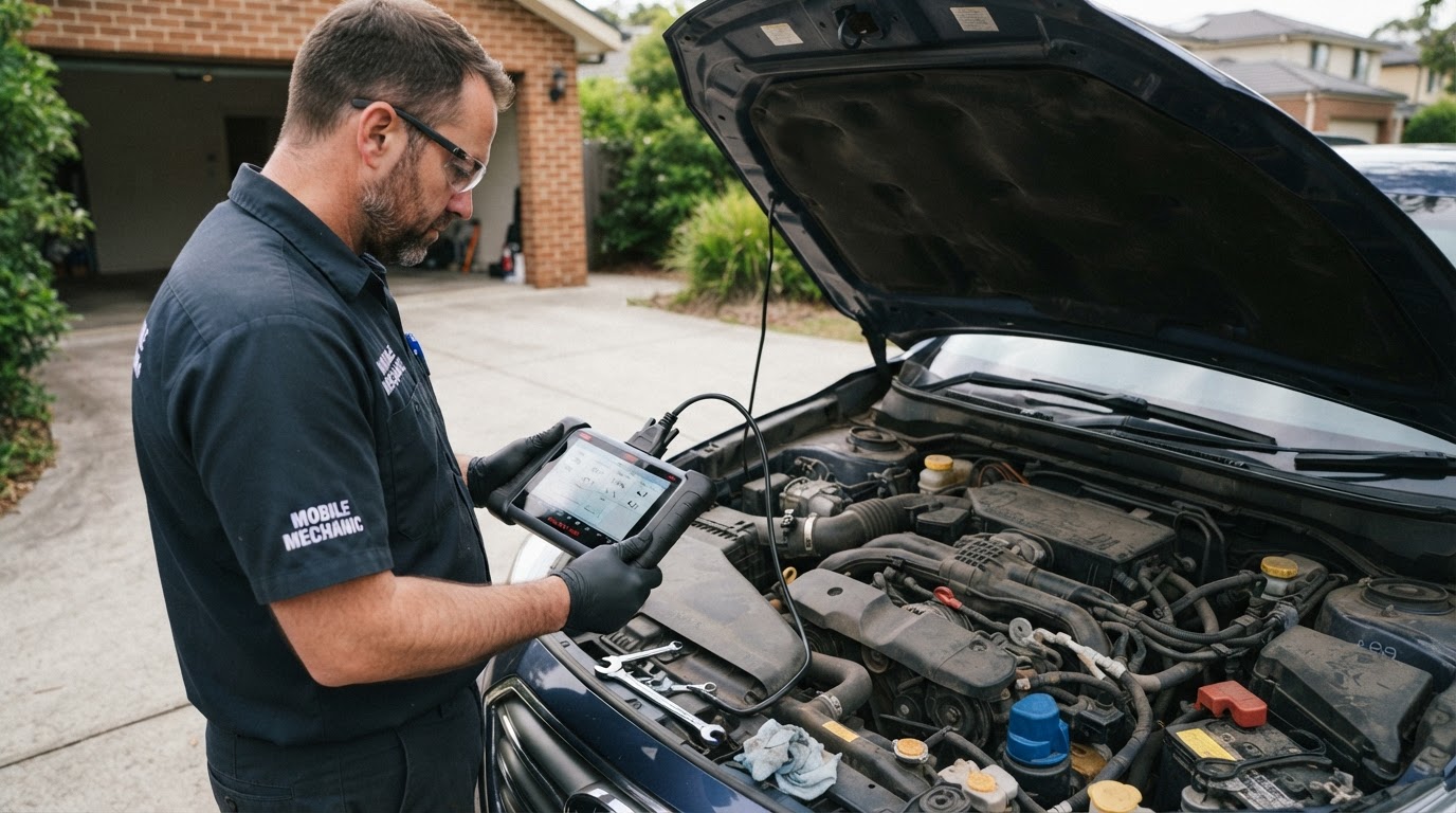 Mobile mechanic reading live sensor data on an OBD-II diagnostic scanner connected to a vehicle