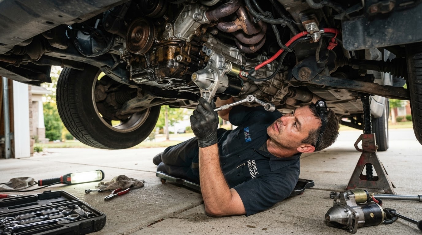 Mobile mechanic installing a replacement starter motor on a car engine in Bloomington, Indiana