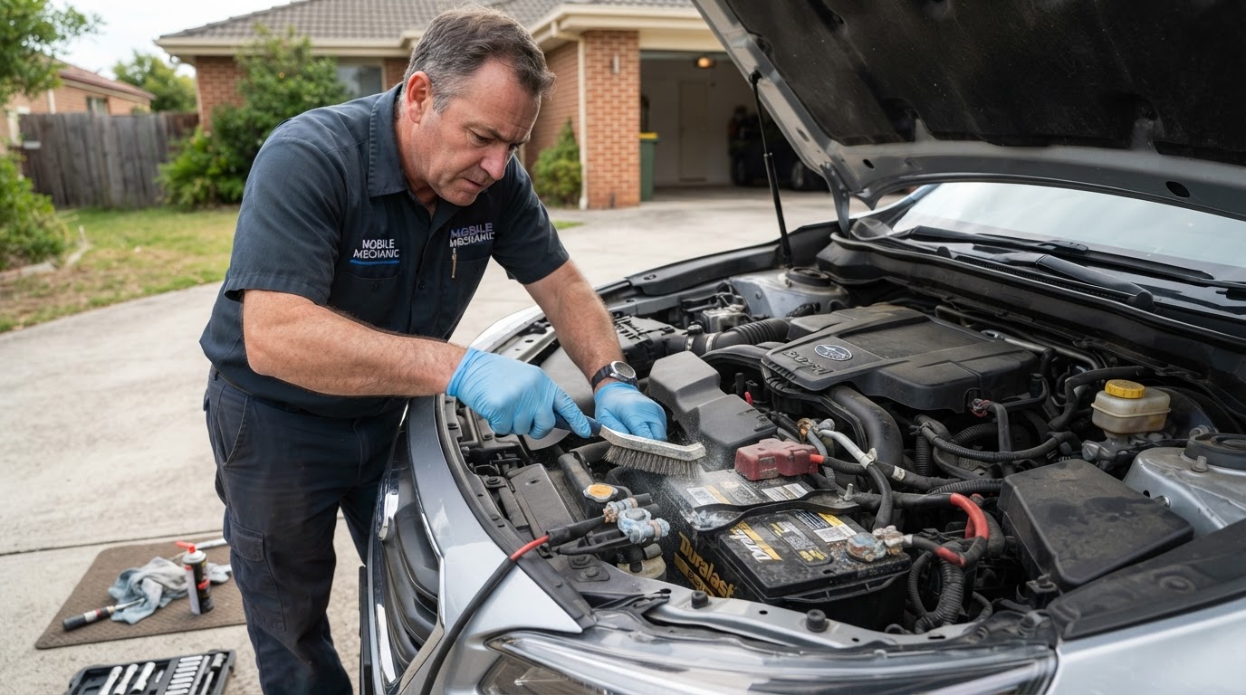 Mobile mechanic cleaning corroded battery terminals with a wire brush during on-site battery service