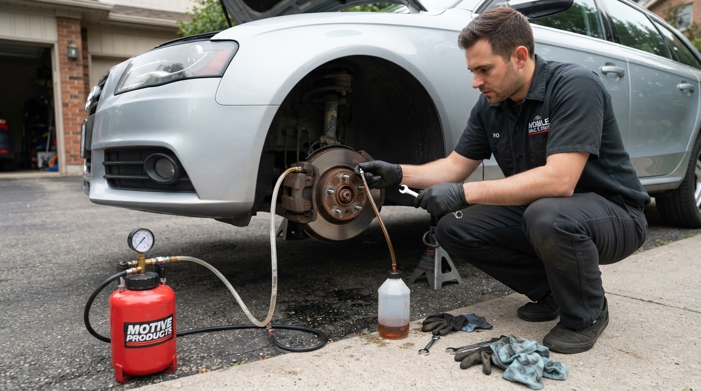 Mechanic flushing brake fluid with a pressure bleeder connected to a brake caliper