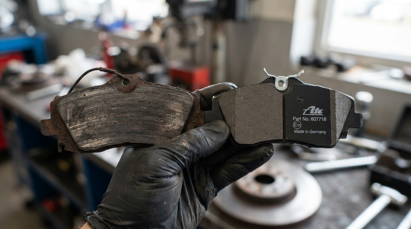 Worn and new brake pads held side by side showing the friction material difference