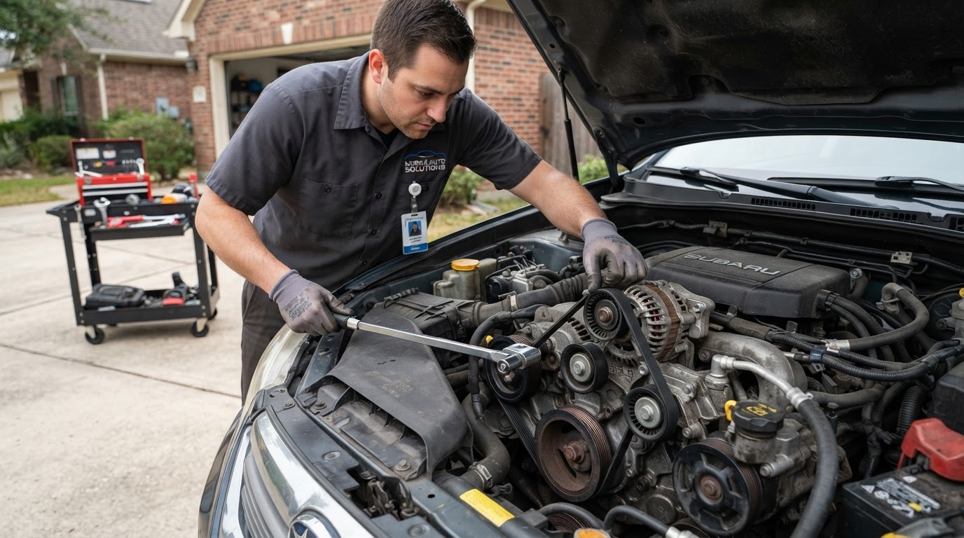 Mechanic routing a new serpentine belt around engine pulleys with a tensioner tool