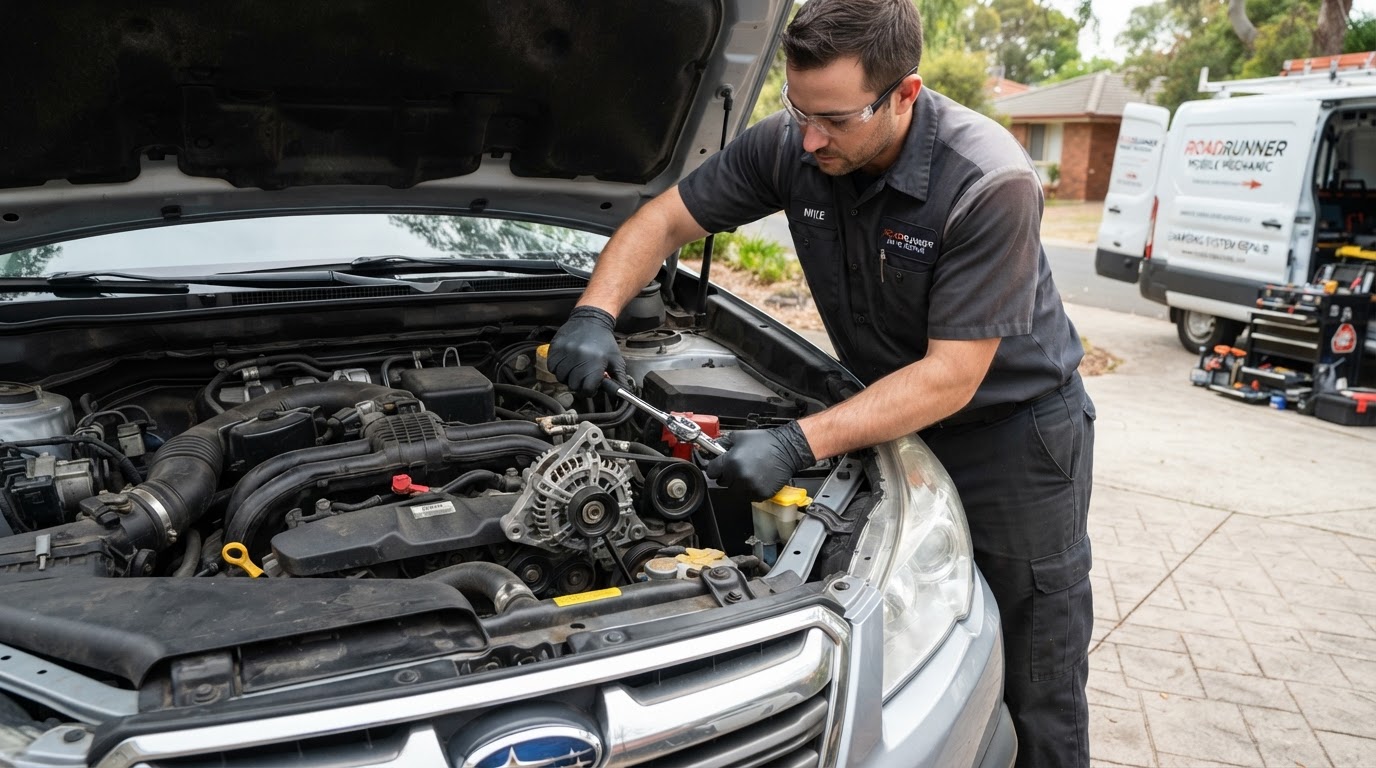 Mobile mechanic replacing a car alternator and inspecting the charging system in Bloomington, Indiana
