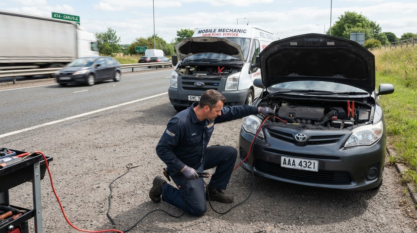 Mechanic jump-starting a dead battery at the roadside with jumper cables