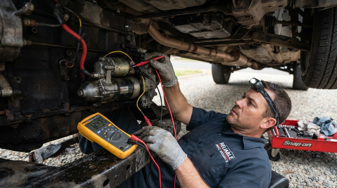Mechanic testing a starter solenoid circuit with a digital multimeter under a vehicle