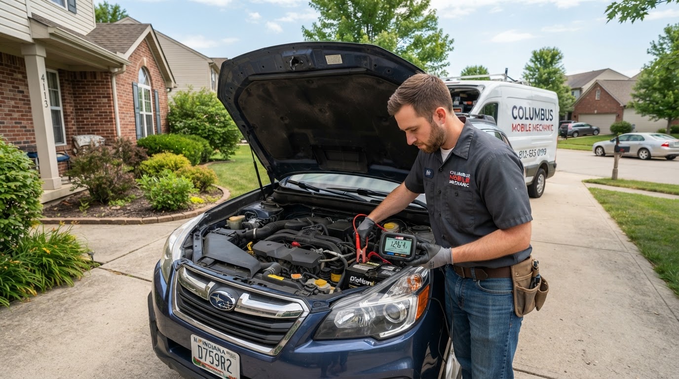 Mechanic testing a car battery with a digital tester in a Columbus, Indiana residential driveway