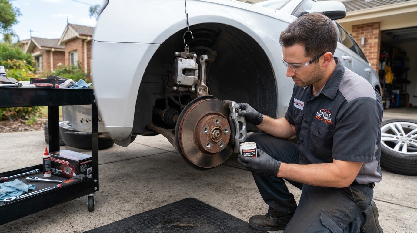 Mechanic installing new brake pads into a caliper bracket and lubricating slide pins