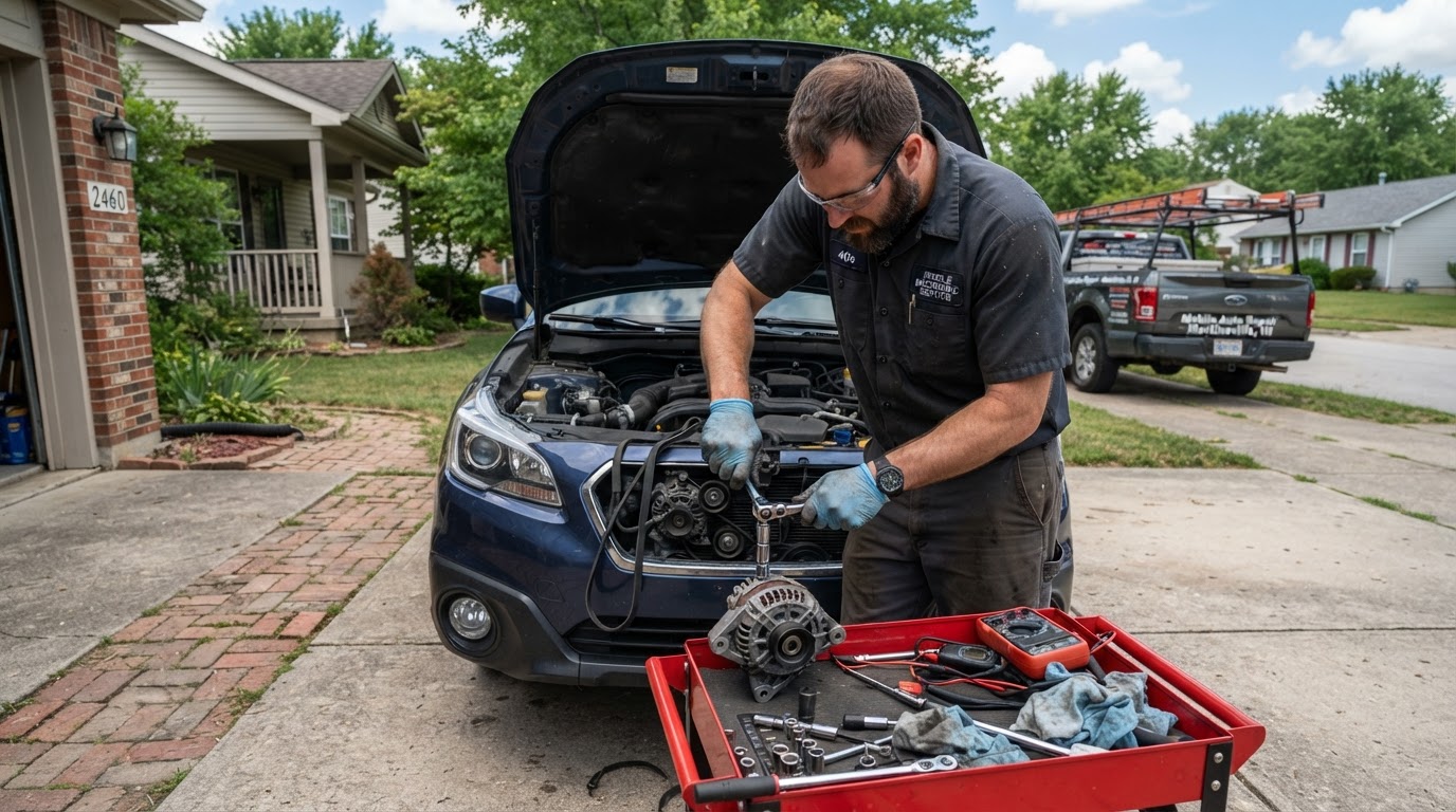Mechanic replacing an alternator on a car in a Martinsville, Indiana driveway