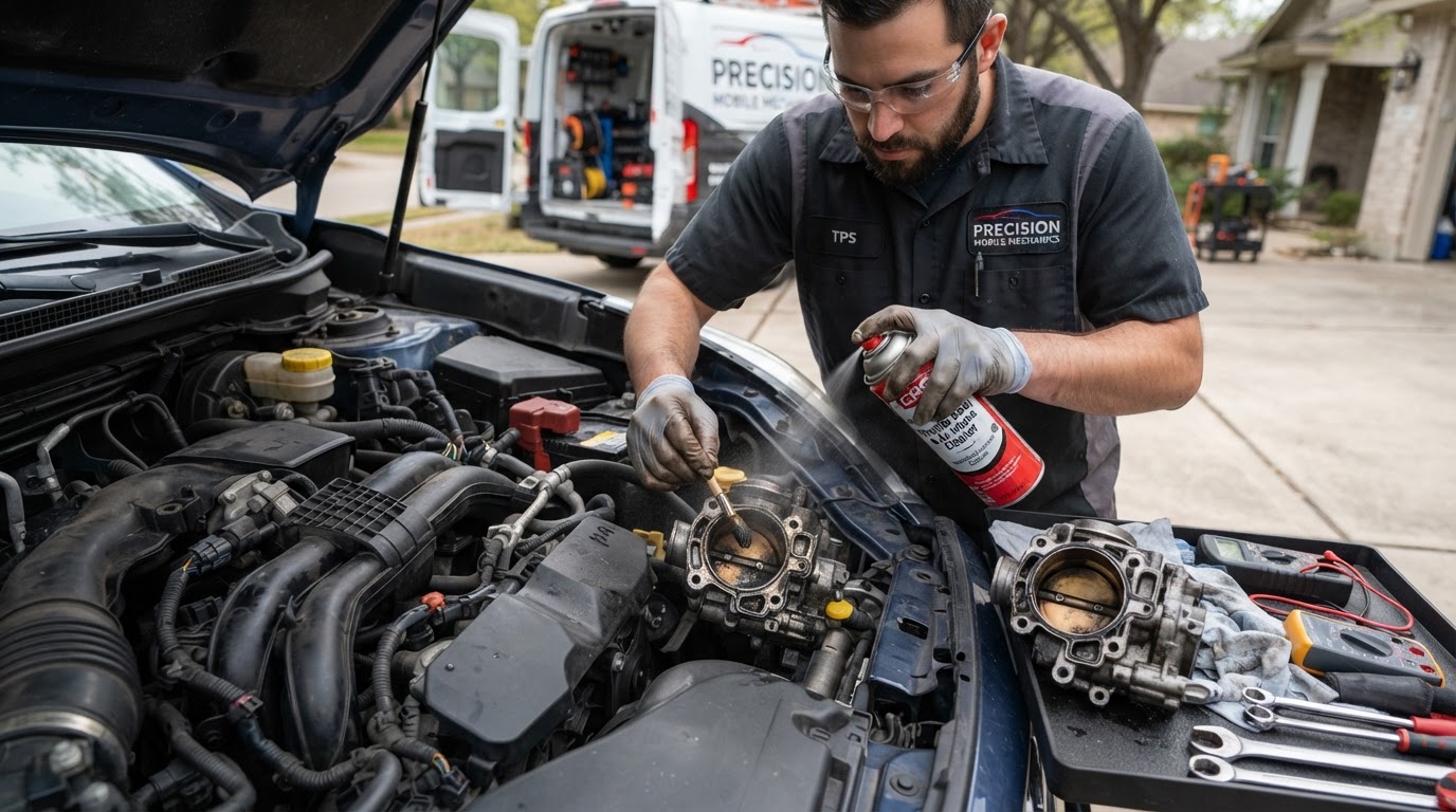 Mechanic cleaning a throttle body and idle air control valve during a tune-up