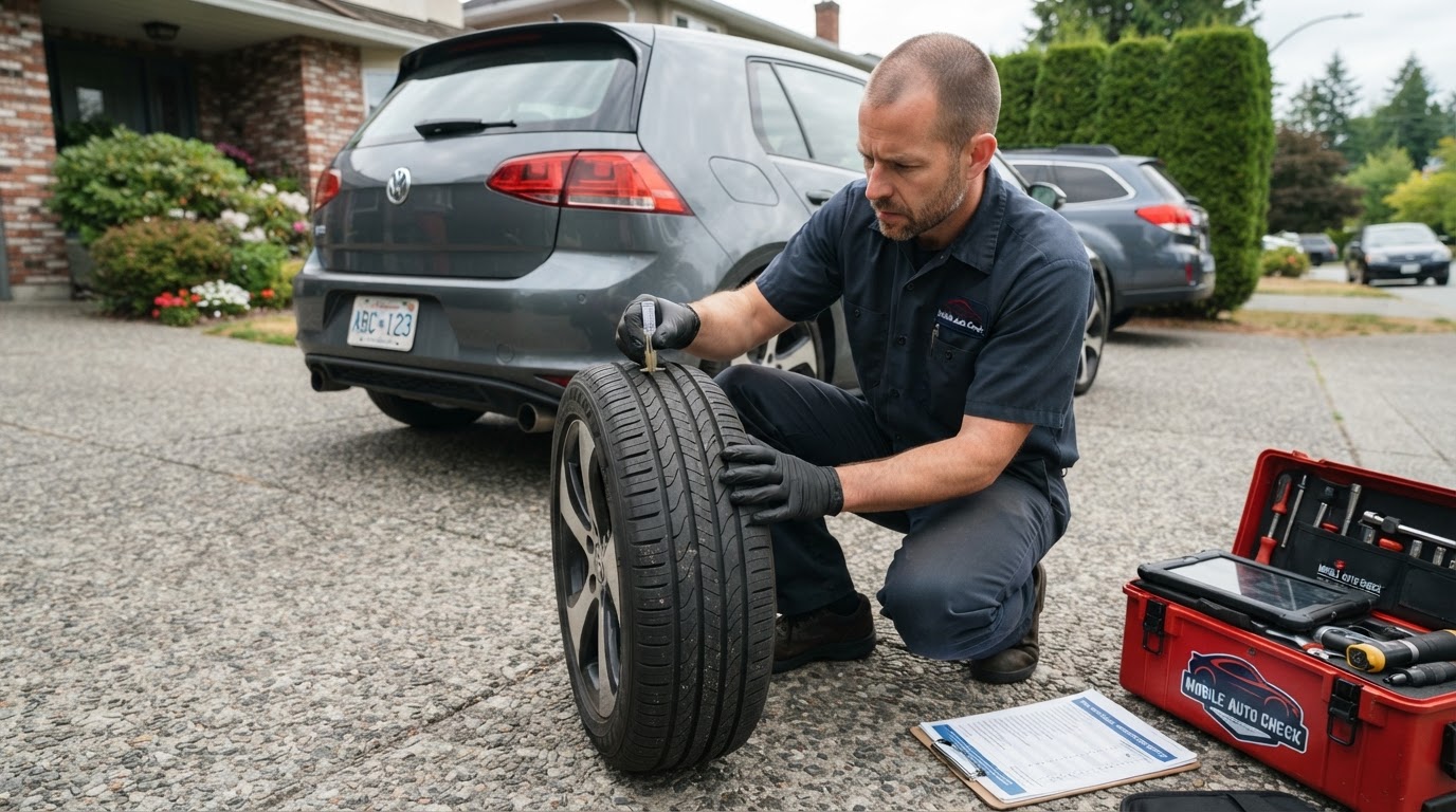 Mobile mechanic checking tire tread depth with a gauge during a pre-purchase inspection