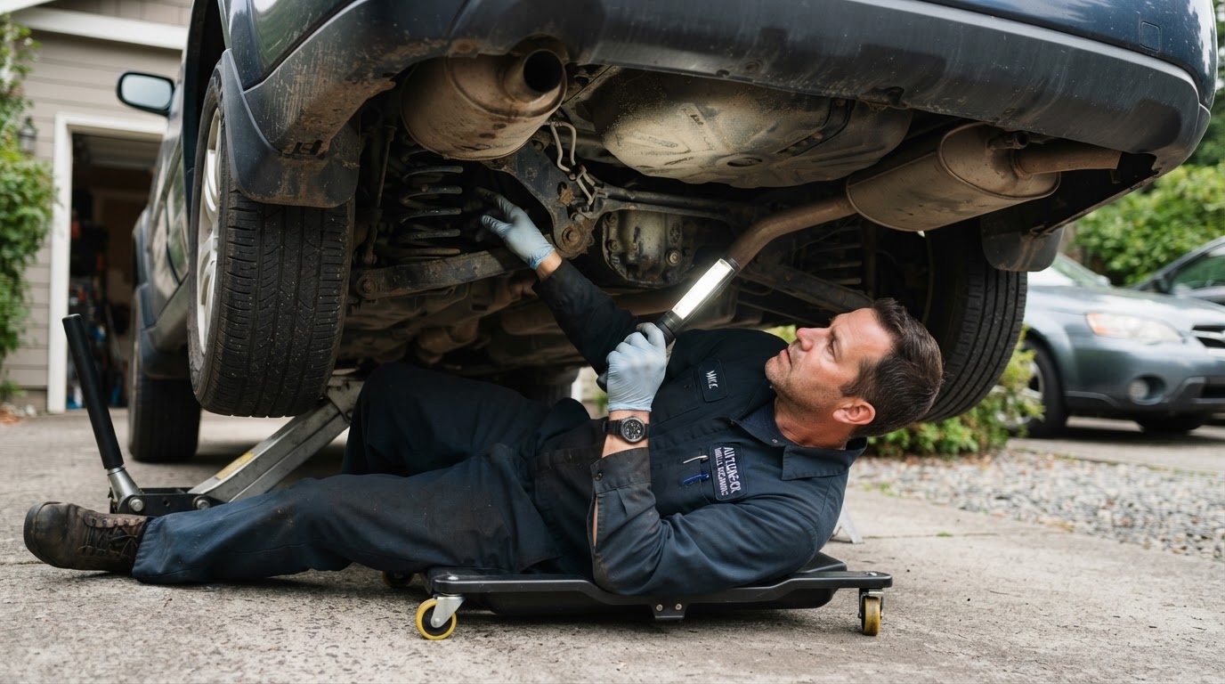 Mechanic inspecting underneath a used car for leaks with a flashlight during a pre-purchase inspection