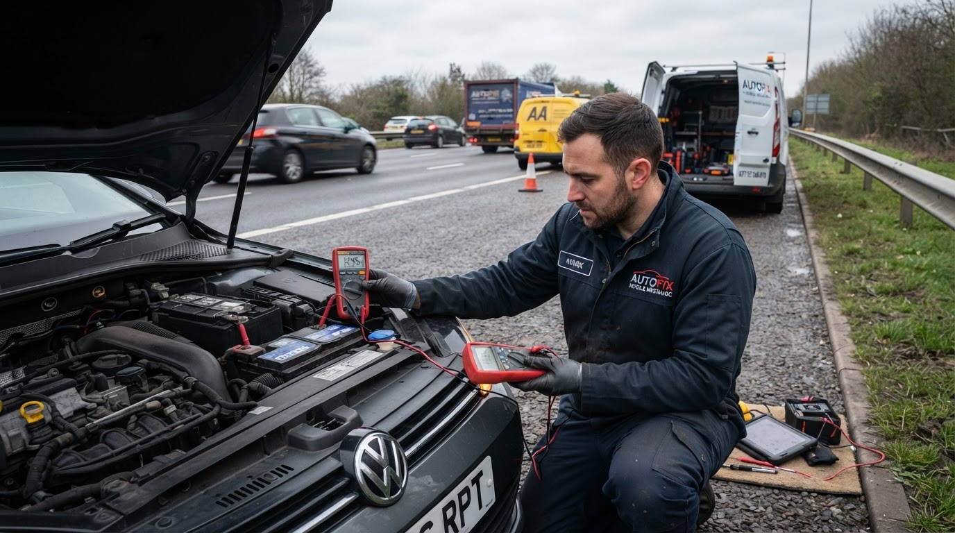 Mobile mechanic diagnosing a vehicle broken down at the roadside with a multimeter, hood up