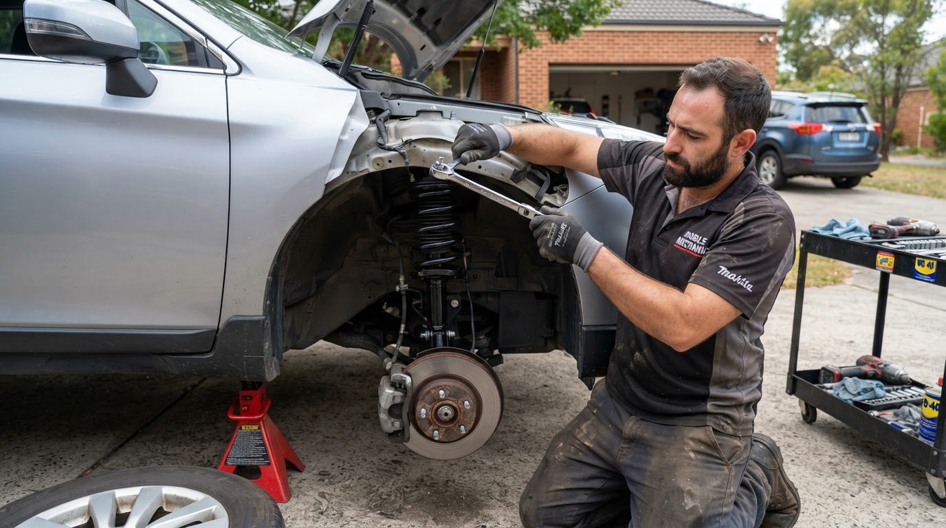Mobile mechanic replacing a suspension strut on a vehicle with the wheel removed