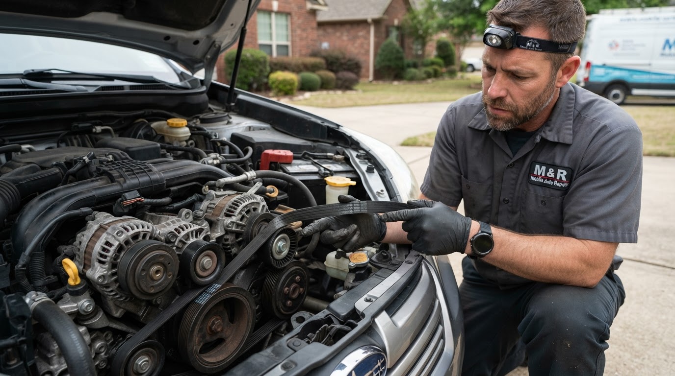 Mobile mechanic inspecting a worn serpentine belt on an engine for cracks and glazing