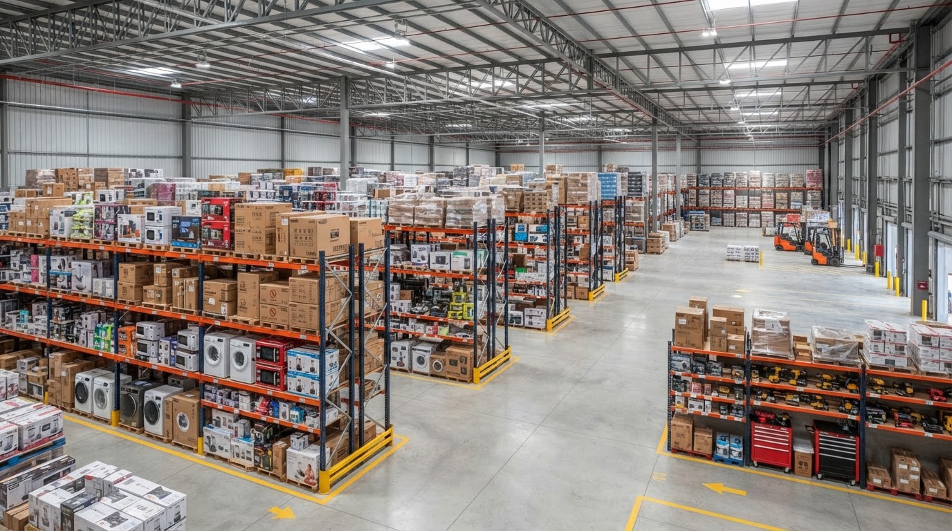 Depósito mayorista de JL Network con estanterías repletas de mercadería en cajas
