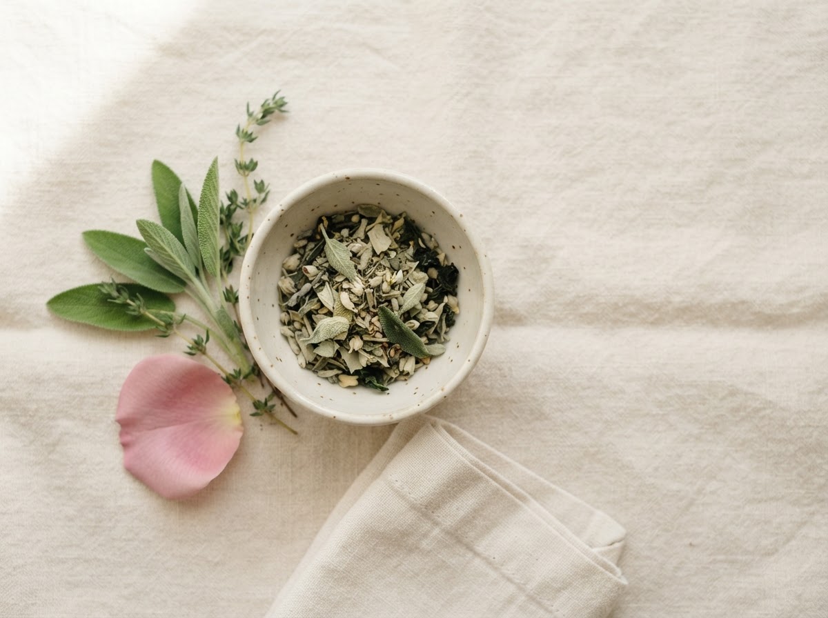 Keramikschale mit getrockneten Kräutern, frischen Salbei- und Thymianzweigen und einem rosa Blütenblatt auf heller Leinendecke