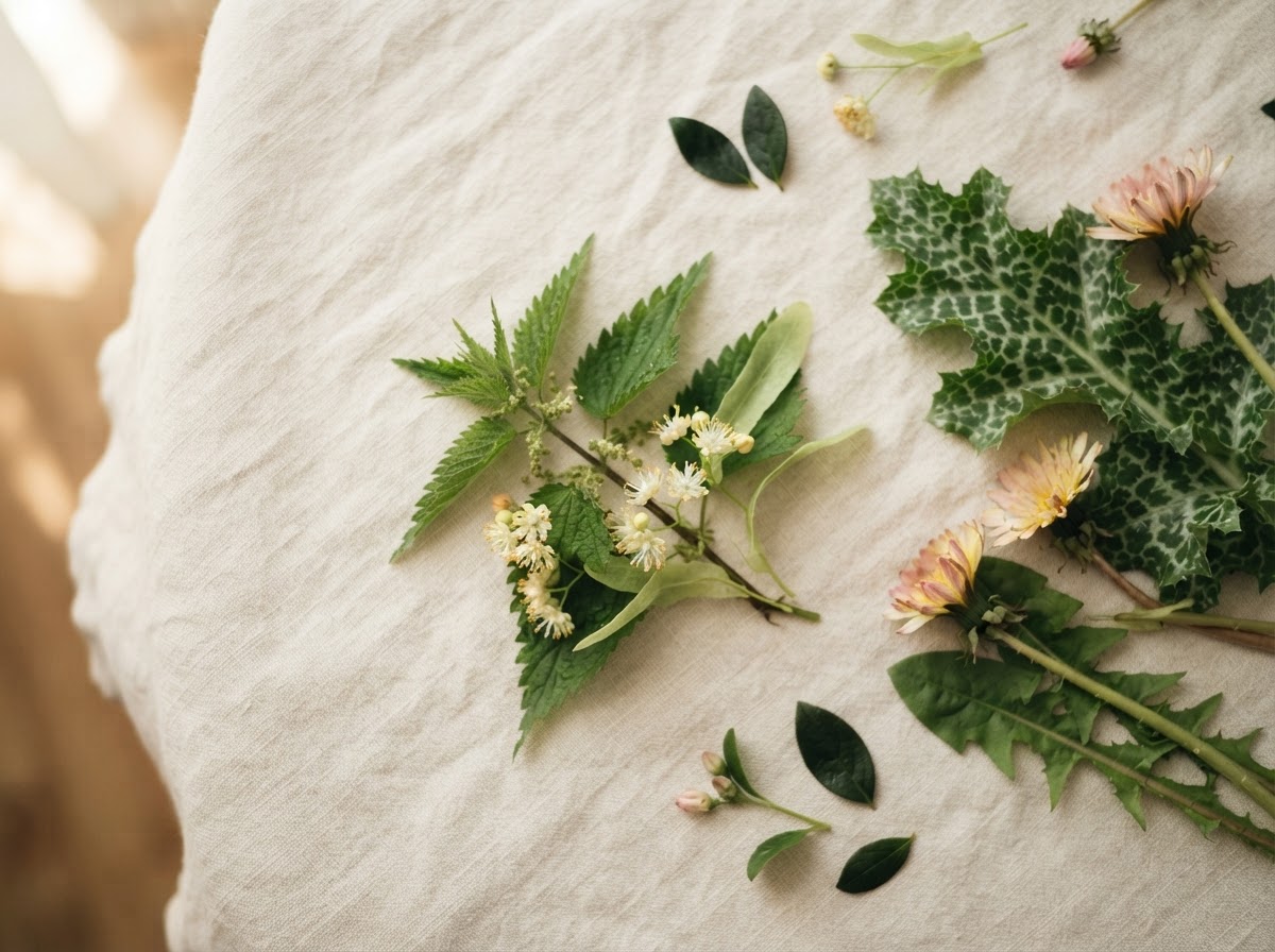 Keramikschale mit getrockneten Blüten, frischen Blättern und einem rosa Blütenblatt auf heller Leinendecke