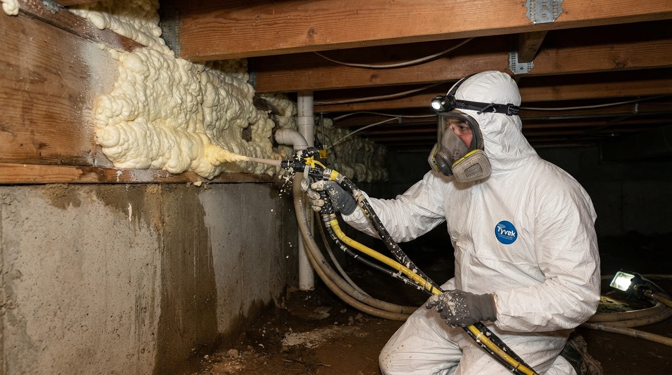 Spray foam insulation being applied along an accessible rim joist in a residential crawl space near Wilmington, North Carolina.