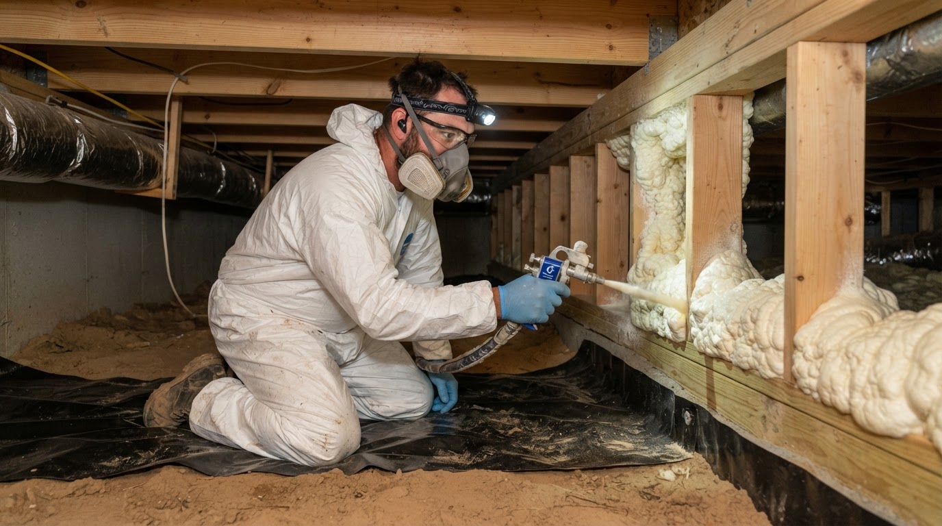 Spray foam insulation being applied to the crawl space under-floor framing of a home near Sneads Ferry, North Carolina.