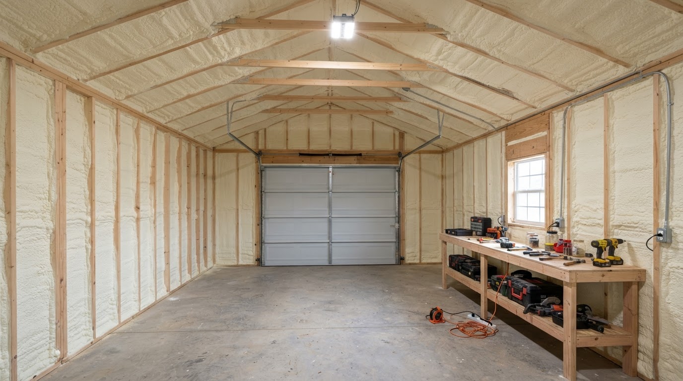 Workshop walls and roof insulated with spray foam in Hampstead, North Carolina