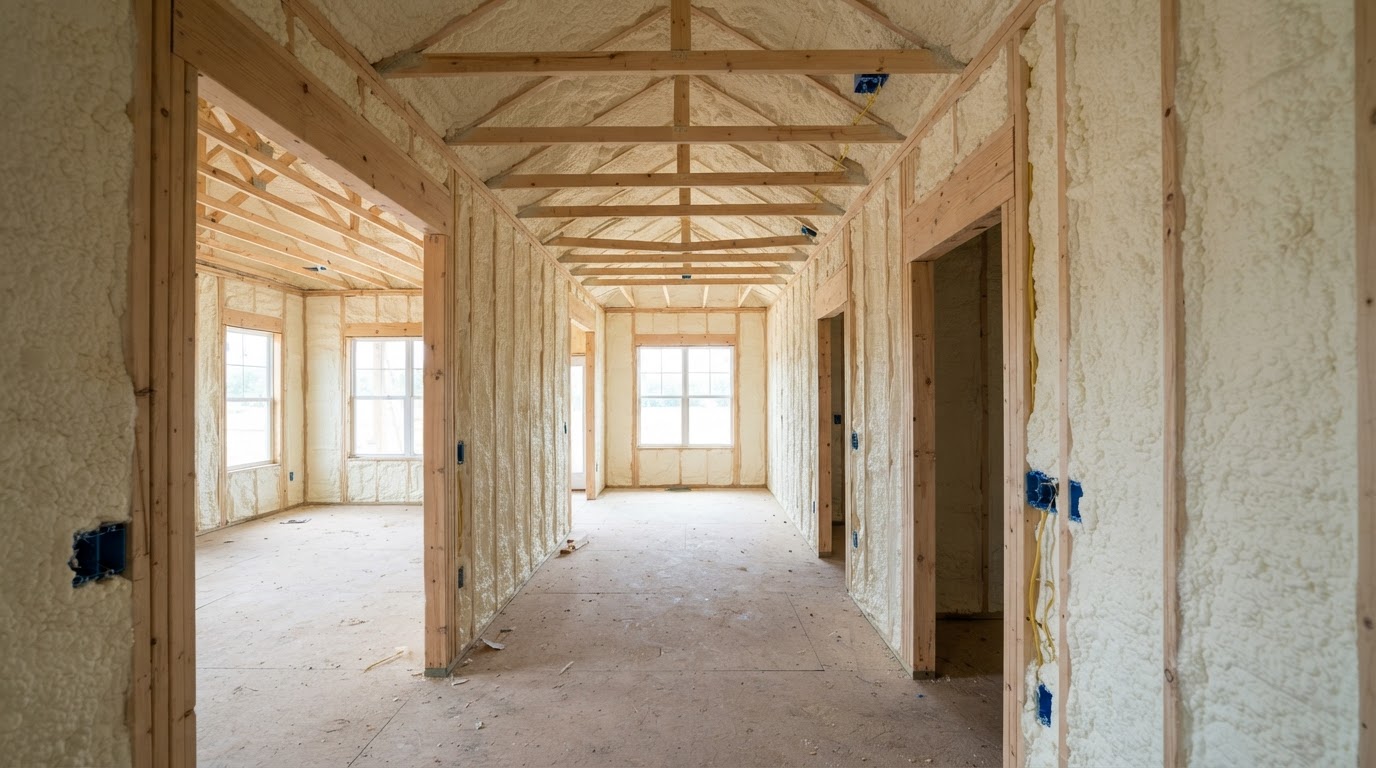 New construction wall cavities filled with spray foam before drywall in Hampstead, North Carolina
