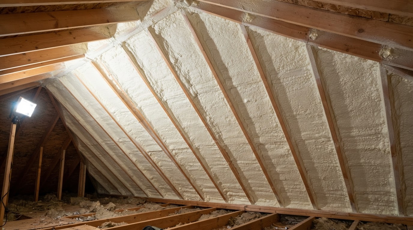 Attic roof deck insulated with spray foam between rafters in Hampstead, North Carolina