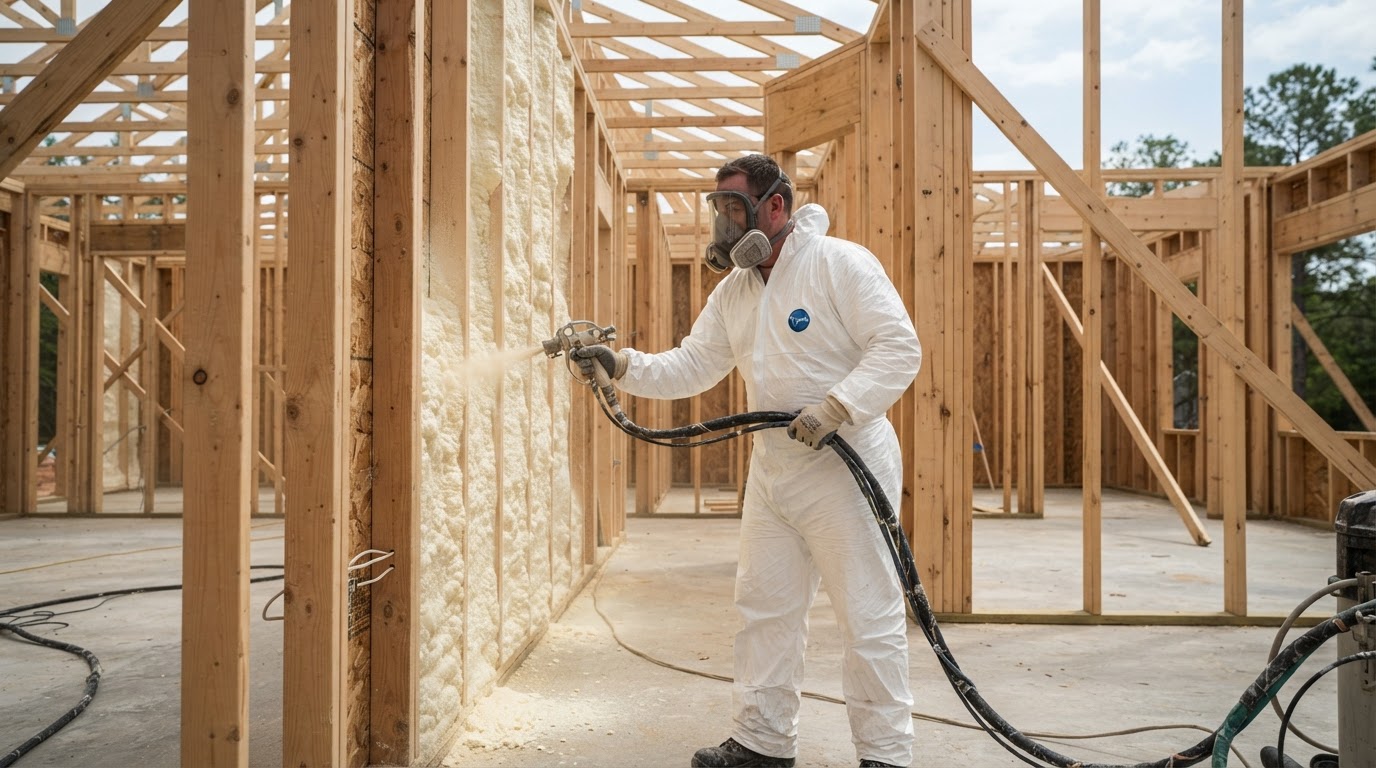 Spray foam insulation being applied to the wall framing of a new construction home near Holly Ridge, North Carolina.