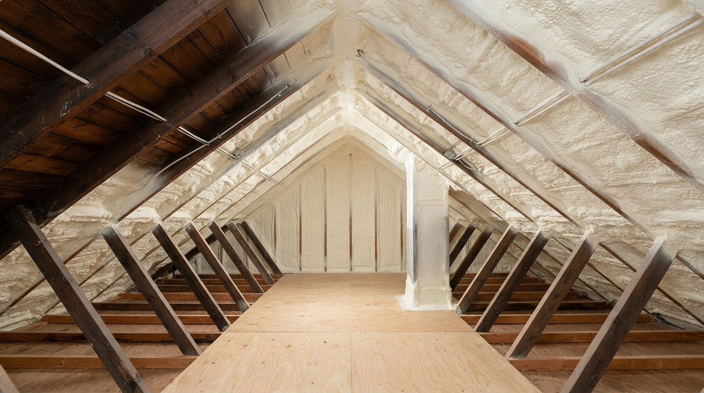 Existing home attic roof deck after a spray foam retrofit near Hampstead, North Carolina