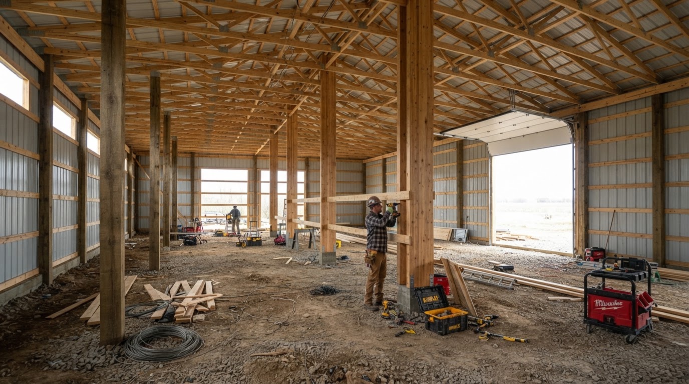 Unfinished pole barn with exposed posts and metal siding before spray foam in Hampstead, North Carolina