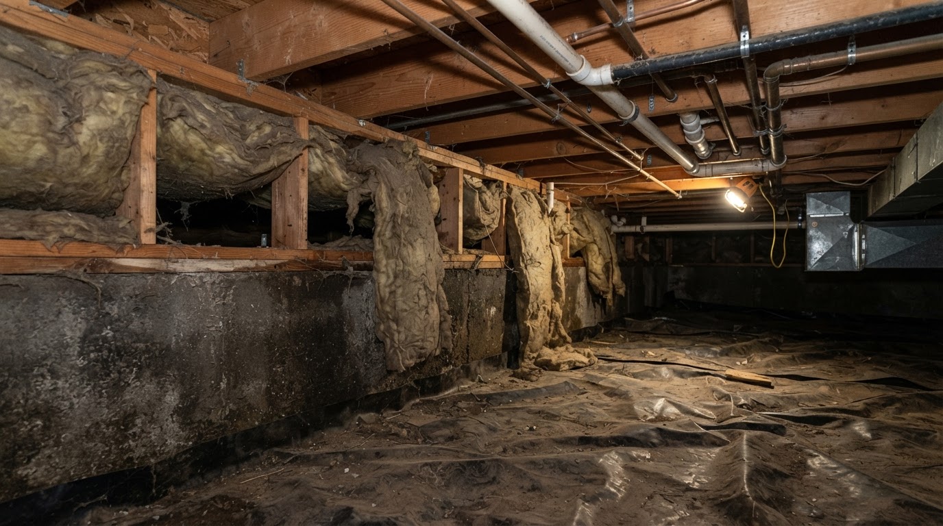Crawl space with exposed rim joists and old fiberglass before spray foam near Hampstead, North Carolina