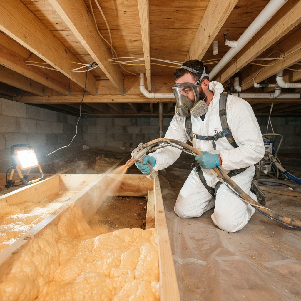 Technician applying spray foam insulation to the floor framing and rim joist area of a clean residential crawl space in Wilmington, North Carolina.