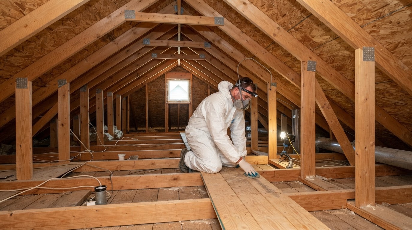 Existing attic being prepared for a spray foam insulation retrofit near Wilmington, North Carolina.