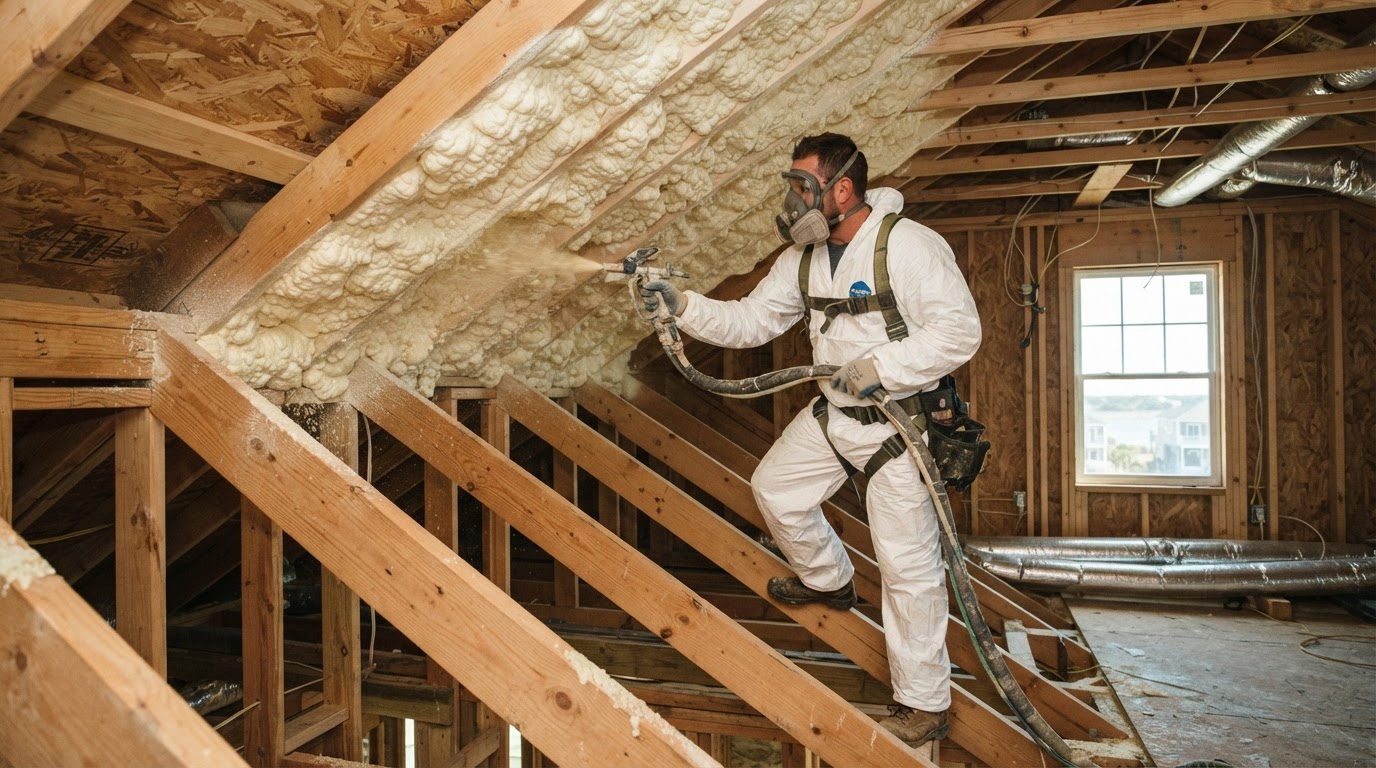 Roofline spray foam insulation being installed in a coastal residential structure near Wrightsville Beach, North Carolina.