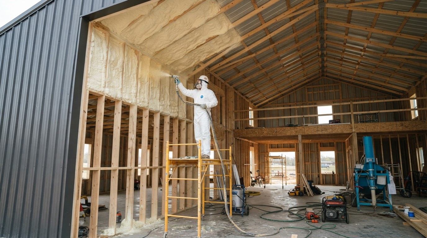 Spray foam insulation being applied to the tall open wall framing inside a barndominium under construction near Wilmington, North Carolina.