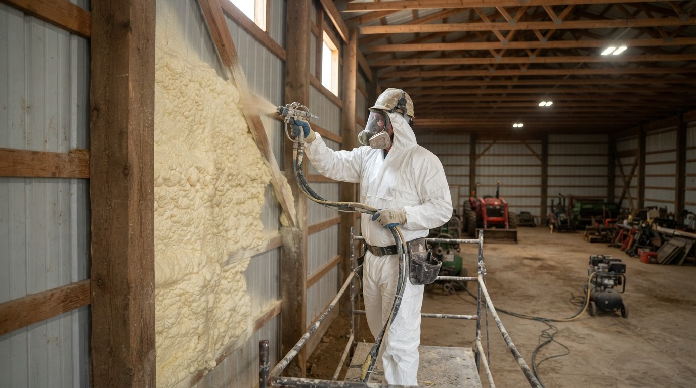 Spray foam insulation installation inside a metal agricultural building near Wilmington, North Carolina.