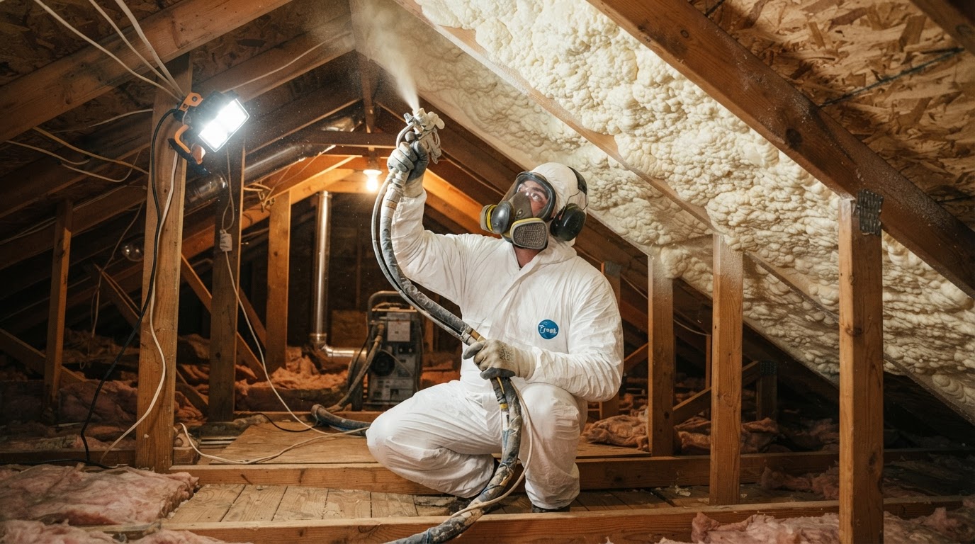 Attic spray foam insulation beneath roof deck in Wilmington NC.