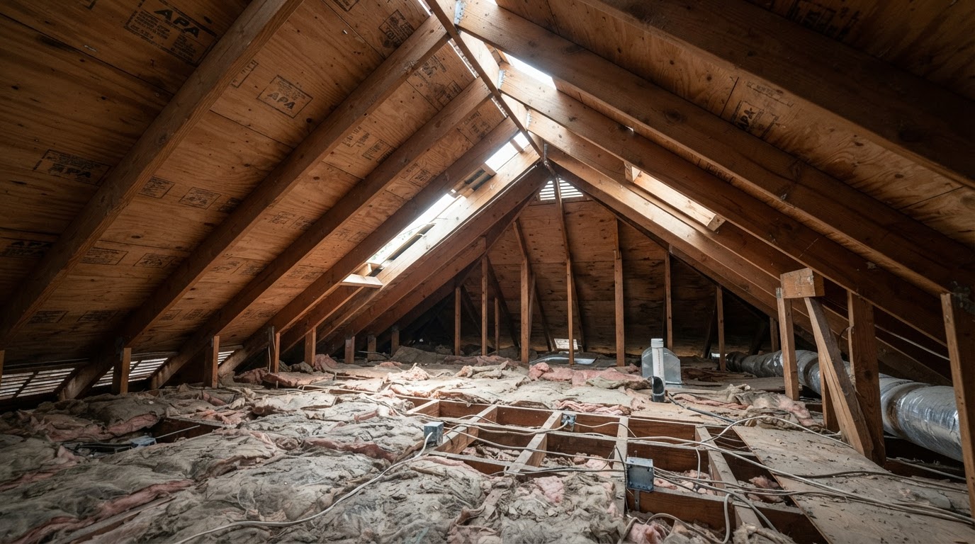 Exposed attic roof deck and old insulation before spray foam in Hampstead, North Carolina
