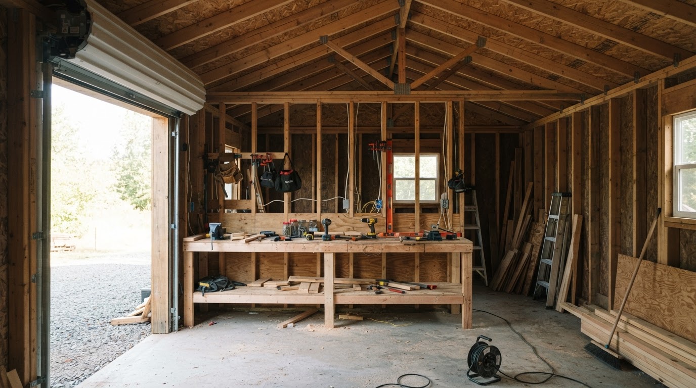 Detached workshop with exposed framing before spray foam in Hampstead, North Carolina