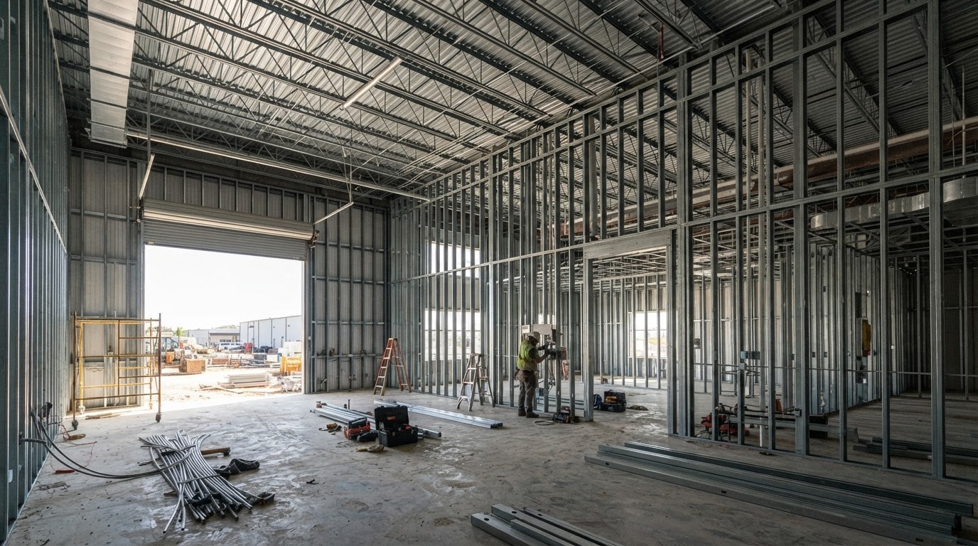 Uninsulated commercial steel-frame wall before spray foam near Hampstead, North Carolina