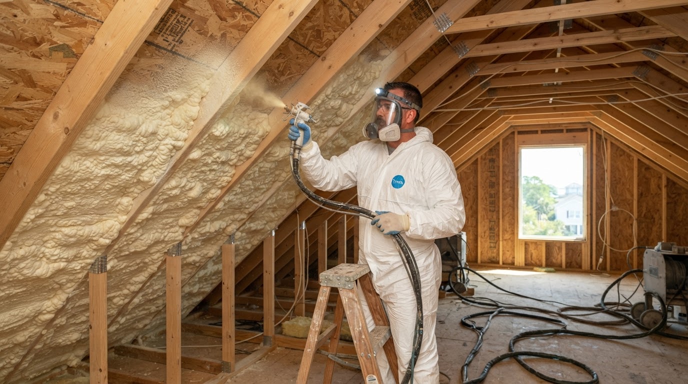 Spray foam insulation being applied to the roof deck of a coastal home near Carolina Beach, North Carolina.