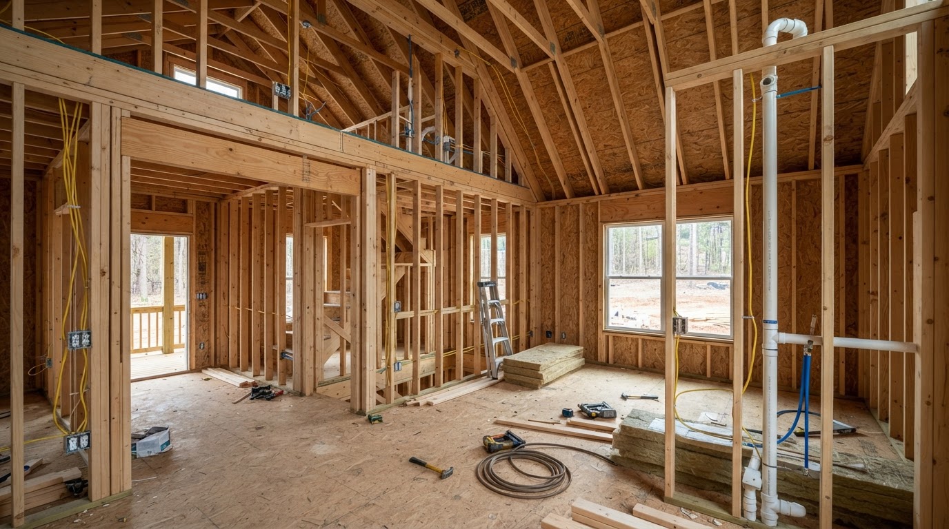 Framed new construction home with empty wall cavities before spray foam in Hampstead, North Carolina