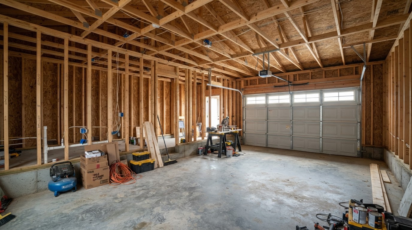 Unfinished garage with exposed framing before spray foam near Hampstead, North Carolina